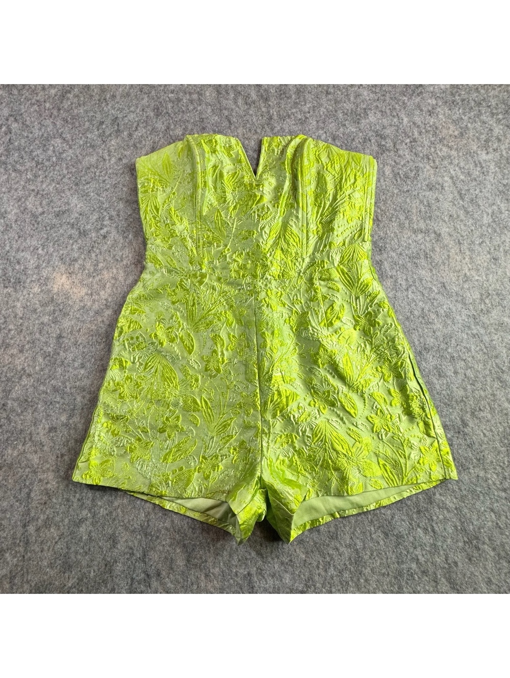 Lulus Neon Green Jacquard Satin Party Holiday Cocktail Strapless Romper Wedding
